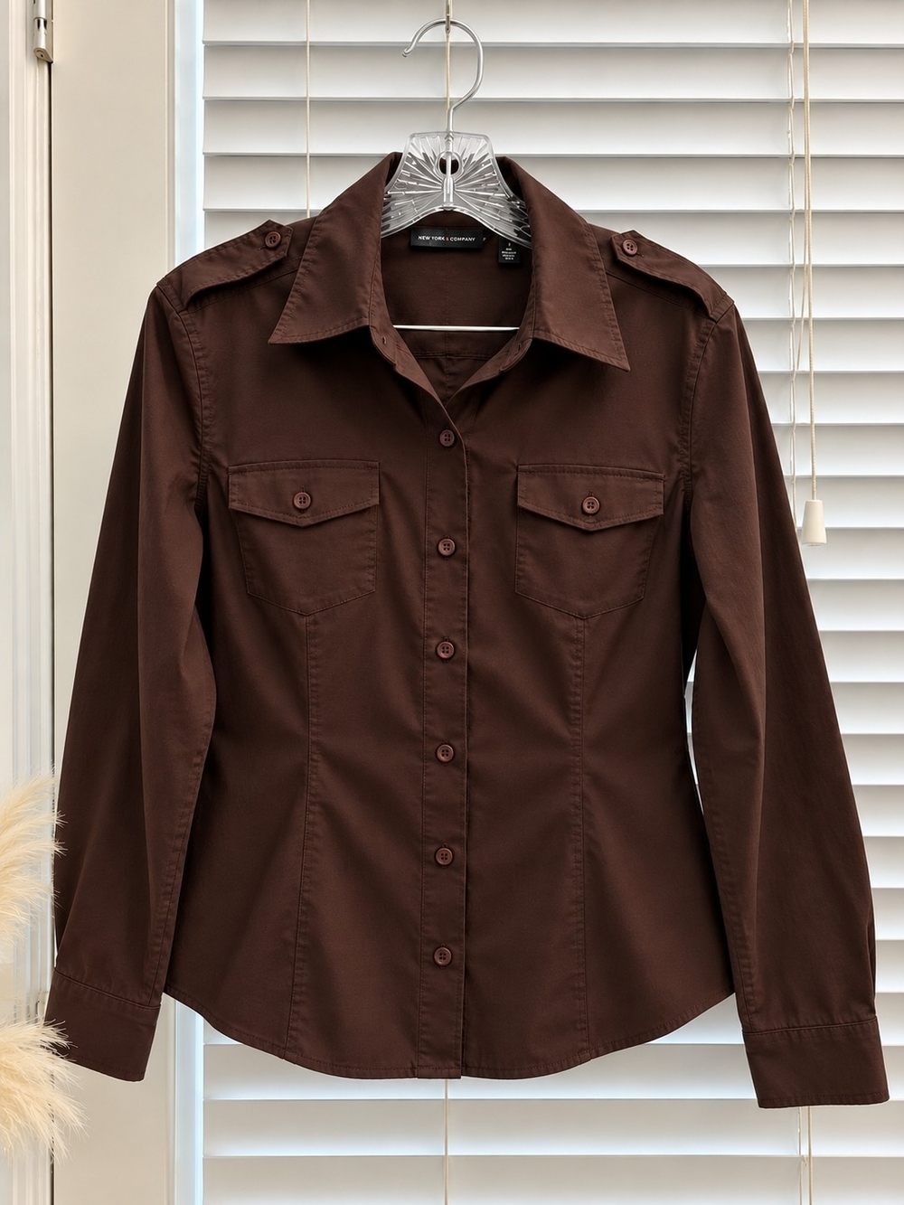 New York & Company Chocolate Brown Button-Front Tailored Shirt - Picture 6 of 6